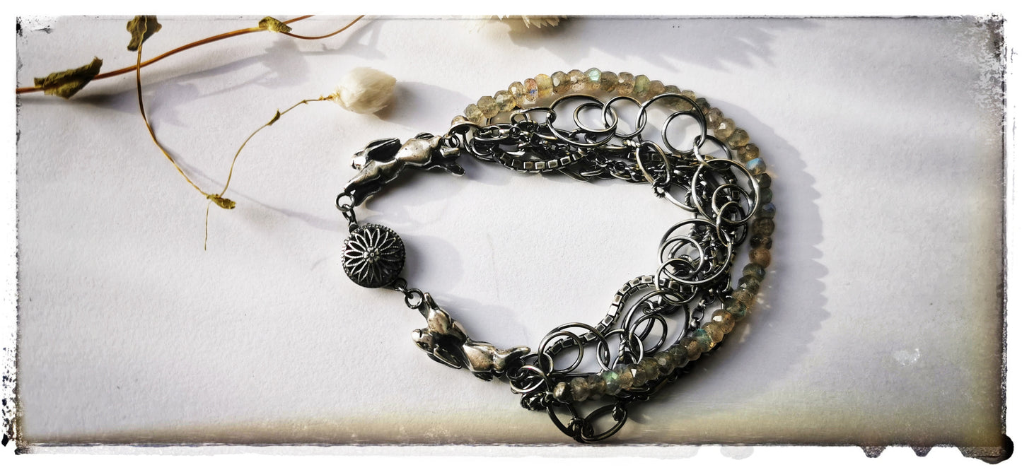Sterling Silver Multi Chain Hare Bracelet with Labradorite Beads