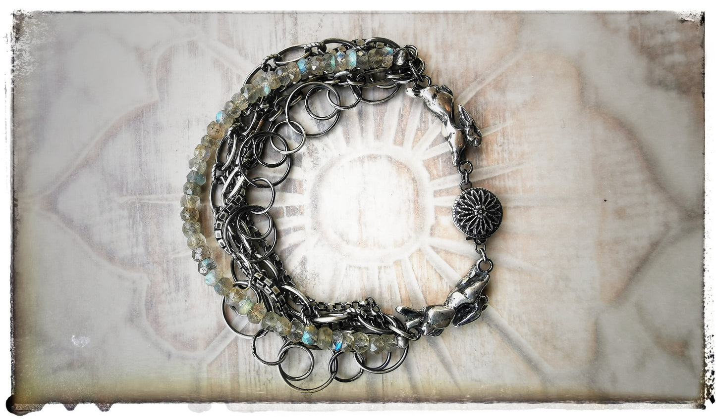 Sterling Silver Multi Chain Hare Bracelet with Labradorite Beads