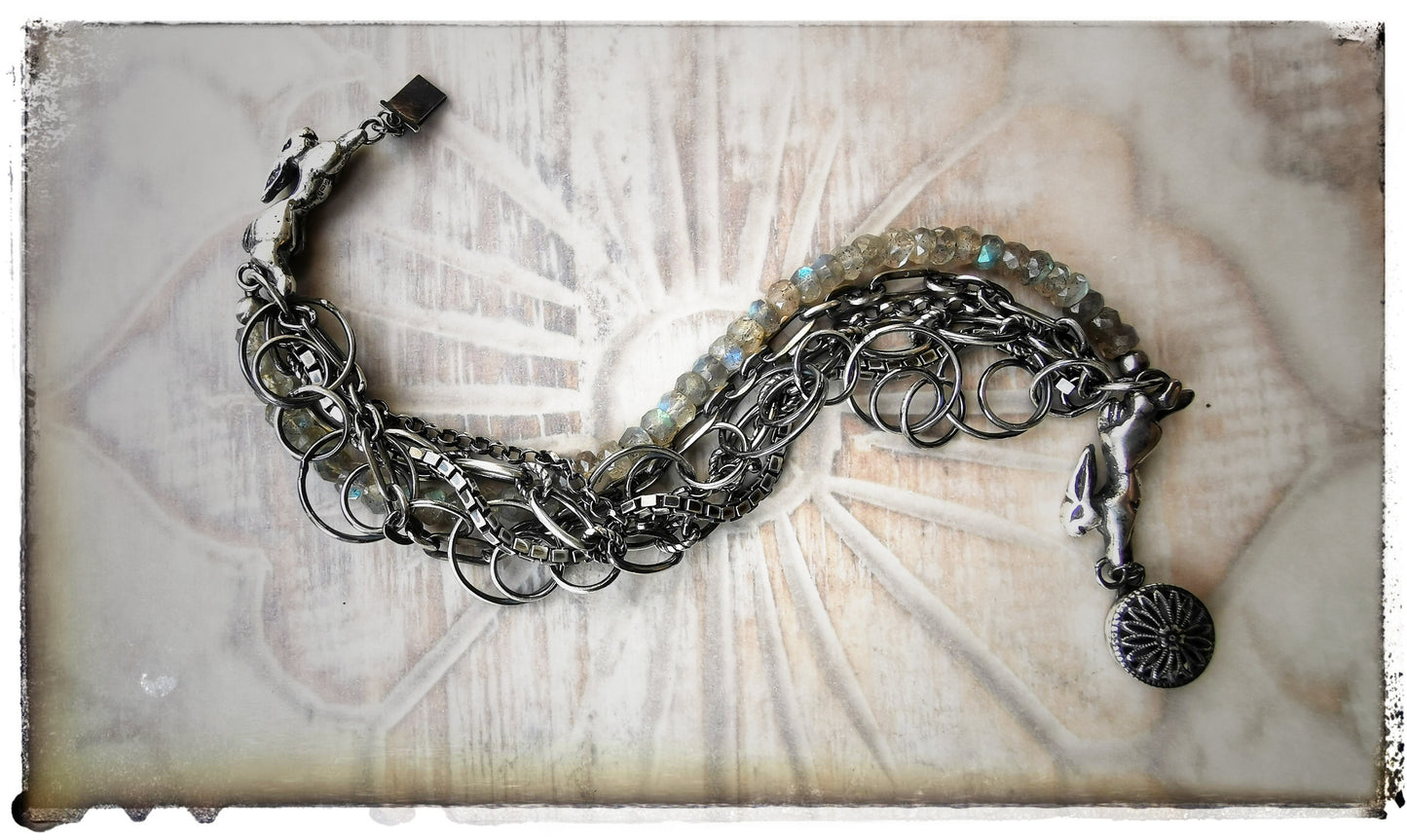 Sterling Silver Multi Chain Hare Bracelet with Labradorite Beads