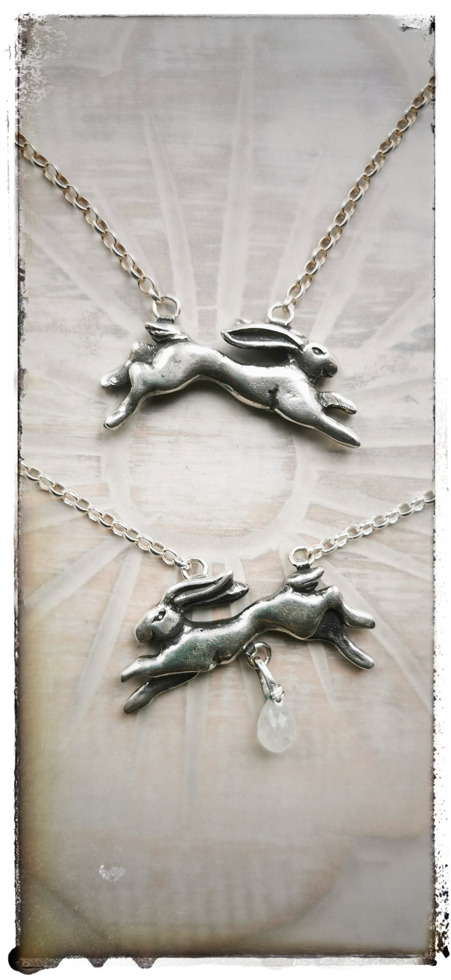 Silver leaping hare pendant with Moonstone Briolette