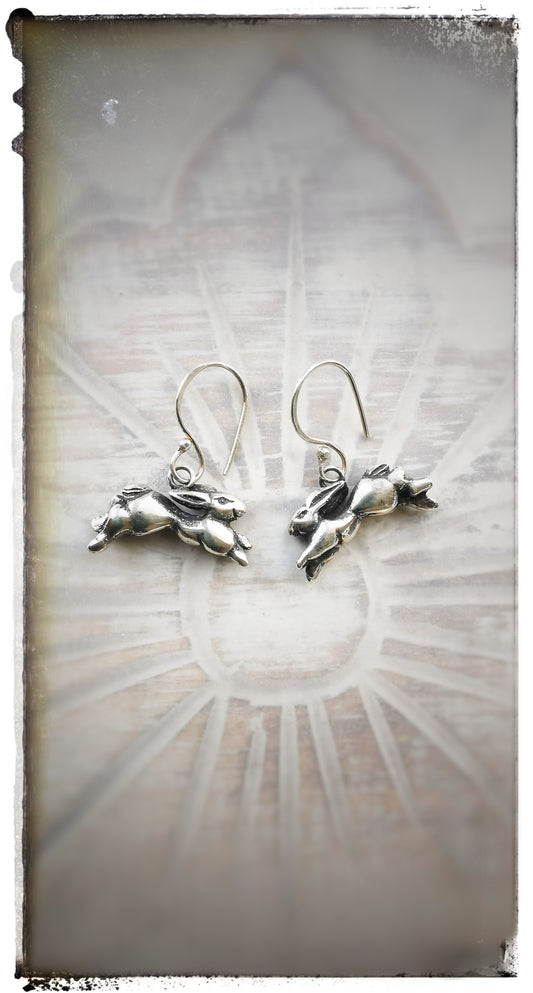 Silver running hare earrings with looped earwires