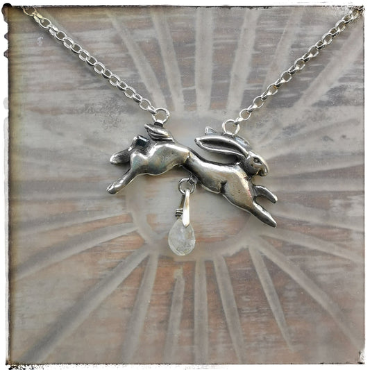 Silver leaping hare pendant with Moonstone Briolette