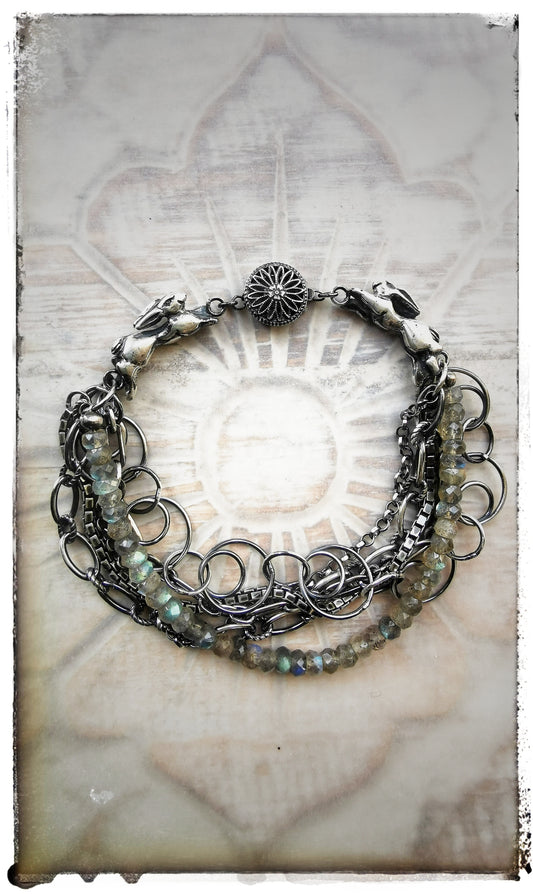 Sterling Silver Multi Chain Hare Bracelet with Labradorite Beads